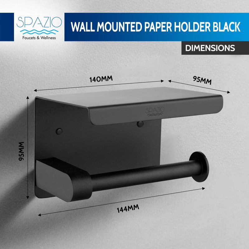 SPAZIO حامل ورق التواليت/موزع المناديل/حامل الورق من ستانلس ستيل أسود SPAZIO مع حامل موبايل لتواليت الحمام (تركيب على الحائط) - Image 2