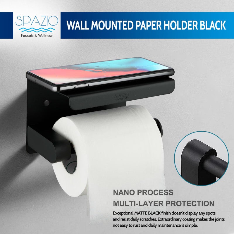 SPAZIO حامل ورق التواليت/موزع المناديل/حامل الورق من ستانلس ستيل أسود SPAZIO مع حامل موبايل لتواليت الحمام (تركيب على الحائط) - Image 5