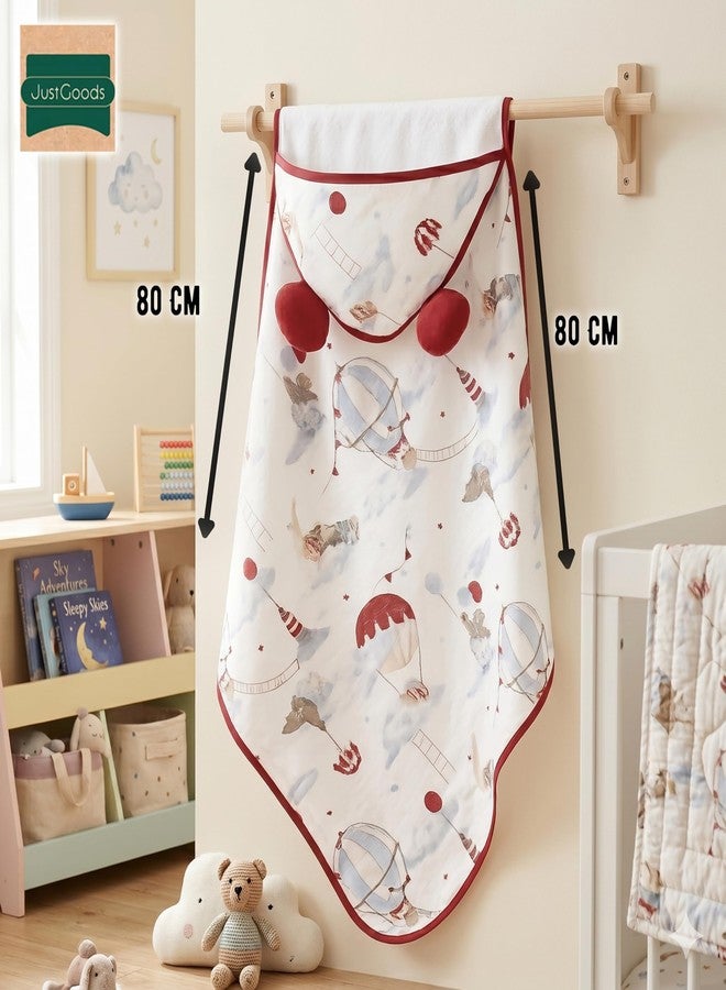 JUST GOODS Muslin Hooded Baby Towel (Red, Muslin Hooded Baby Towel – Soft & Breathable Cotton, RED Color) - Image 4