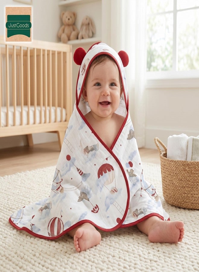 JUST GOODS Muslin Hooded Baby Towel (Red, Muslin Hooded Baby Towel – Soft & Breathable Cotton, RED Color) - Image 2