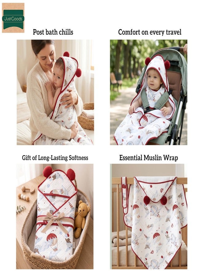 JUST GOODS Muslin Hooded Baby Towel (Red, Muslin Hooded Baby Towel – Soft & Breathable Cotton, RED Color) - Image 3