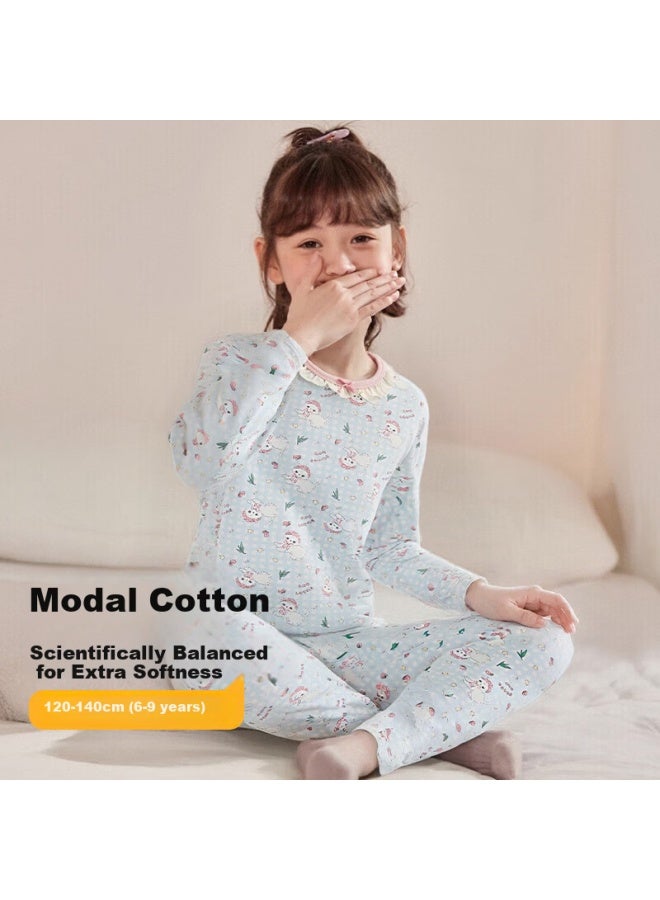 Zisehy Purple Floral Language Girls' Sleepwear Warm Autumn Top And Bottom Soft Base Layer Homewear Set Pink Blue 130 - Image 1