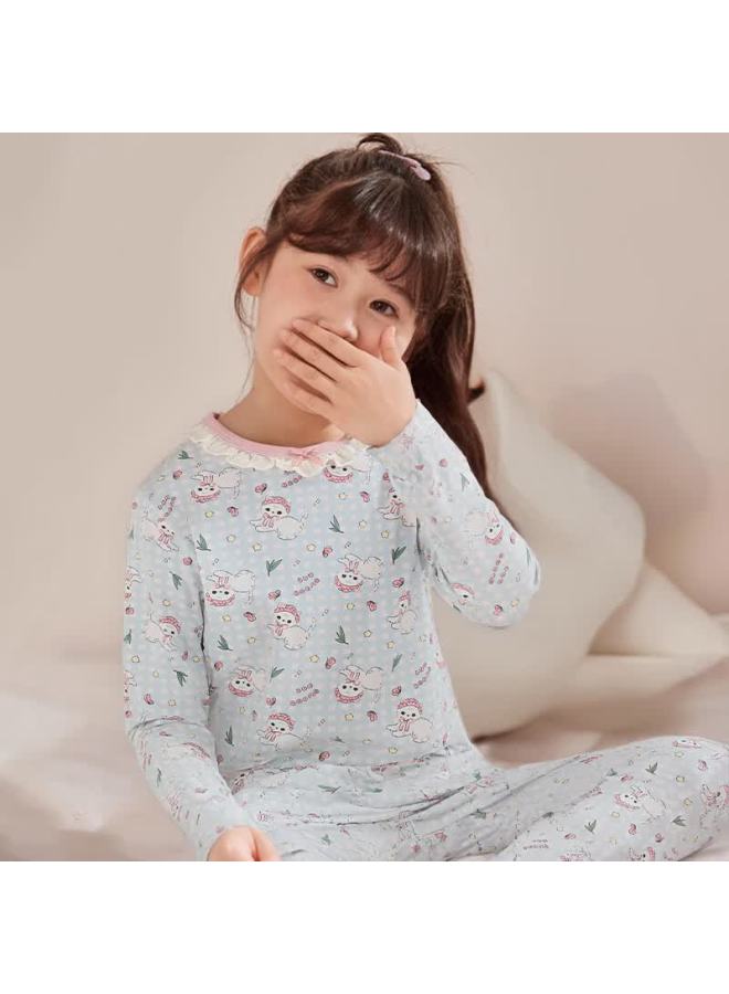 Zisehy Purple Floral Language Girls' Sleepwear Warm Autumn Top And Bottom Soft Base Layer Homewear Set Pink Blue 130 - Image 2