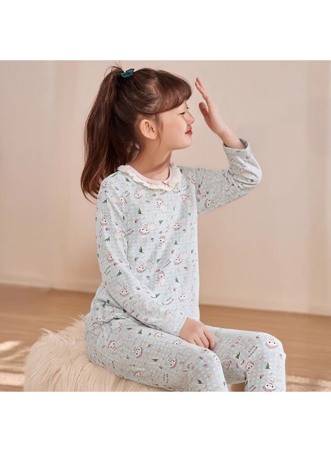 Zisehy Purple Floral Language Girls' Sleepwear Warm Autumn Top And Bottom Soft Base Layer Homewear Set Pink Blue 130 - Image 3