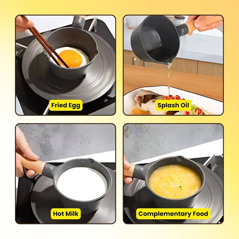 Home Essentials HomeEssentials Deep Frying Tadka Pan with Wooden Handle Non Stick Tadka Pan Maifan Material Pan Vaghar Pan Chounk Pan Baghar Pan for Frying DalSpices Flame Safe Gas Stove Safe - Image 4