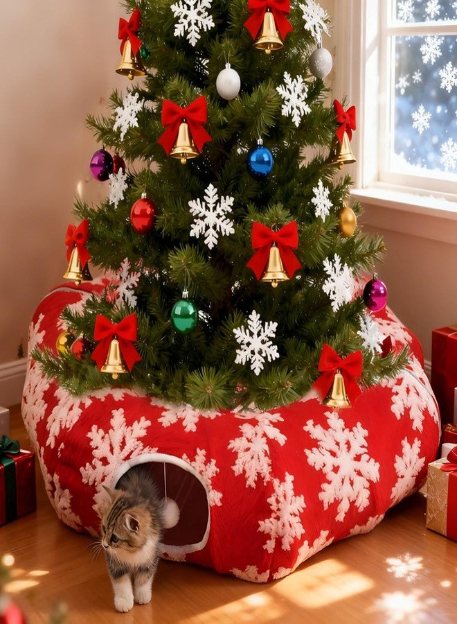LoopTime Cat Tunnel Christmas Tree Skirt,Christmas Tree Cat Tunnel for Indoor Cats,Cat Tunnels Tree Skirt,Soft Peekaboo Hideway Bed Cave Donut Toys Circle Tunnels for Kittens & Large Cats (Red) - Image 1