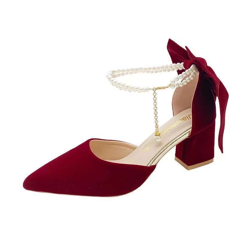 Red Xiuhe Wedding Shoes Stiletto Pointed Toe High Heels For Women Style Bow Pearl Non-Tiring Bridal Shoes - Image 1
