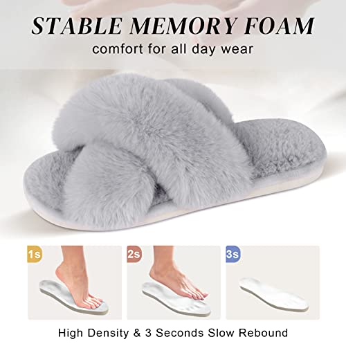 Parlovable Women's Fuzzy Slippers Comfy Cross Band House Shoes Memory Foam Open Toe Indoor Gifts for Ladies Grey 5-6 - Image 3