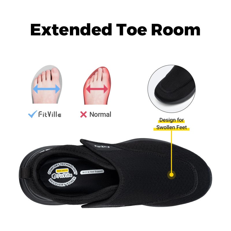 FitVille Diabetic Shoes for Men Extra Wide Slip-on Shoes for Swollen Feet Adjustable Walking Shoes for Elderly Foot Pain Relief Neuropathy - EasyTop Wings Black - Image 2
