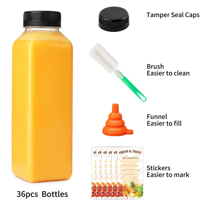 BAKHUK 36pcs 16oz Empty Plastic Juice Bottles with Caps, Reusable Clear Bulk Beverage Containers for Juice, Milk, Smoothie, and Other Beverages - Image 3