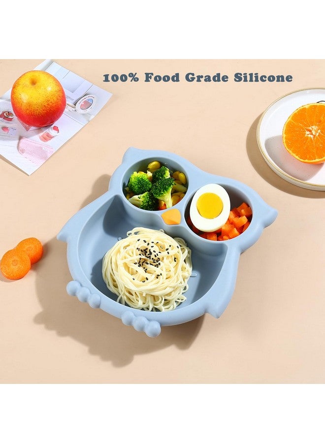 باندا إير أطباق شفط للأطفال الصغار من باندا إير، أطباق أطفال مقسمة ثابتة، على شكل بومة، مصنوعة من السيليكون الآمن غذائيًا بنسبة 100%، غير قابلة للكسر، مستلزمات تغذية الأطفال، لون أزرق - Image 3