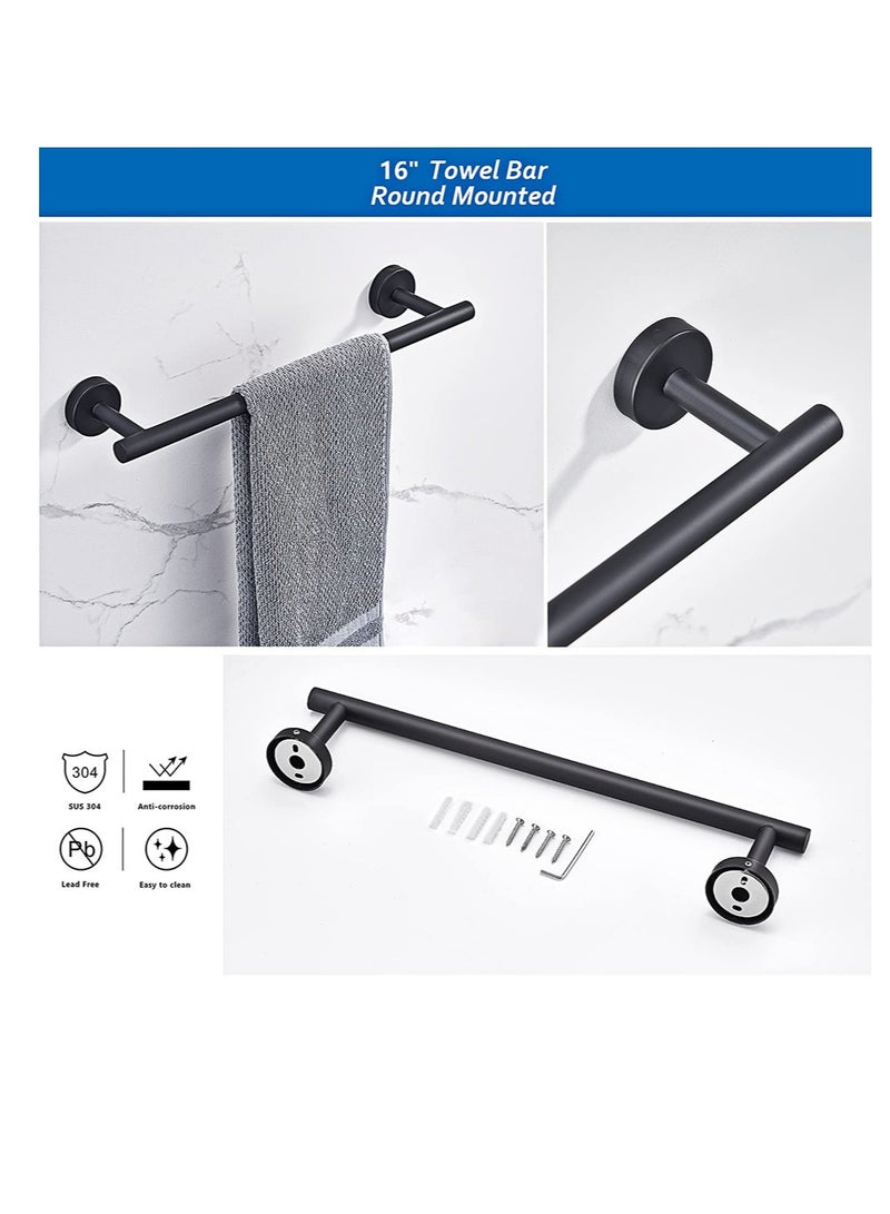 Excefore Towel Bar Set KASTWAVE 6 PCS Bathroom Matte Black Stainless Steel Bathroom Accessories Towel Rack Set Round Wall Mounted, Include 16inch Towel Bar, Toilet Paper Holder, Towel Ring, 3 Robe Towel Hooks  - Image 2