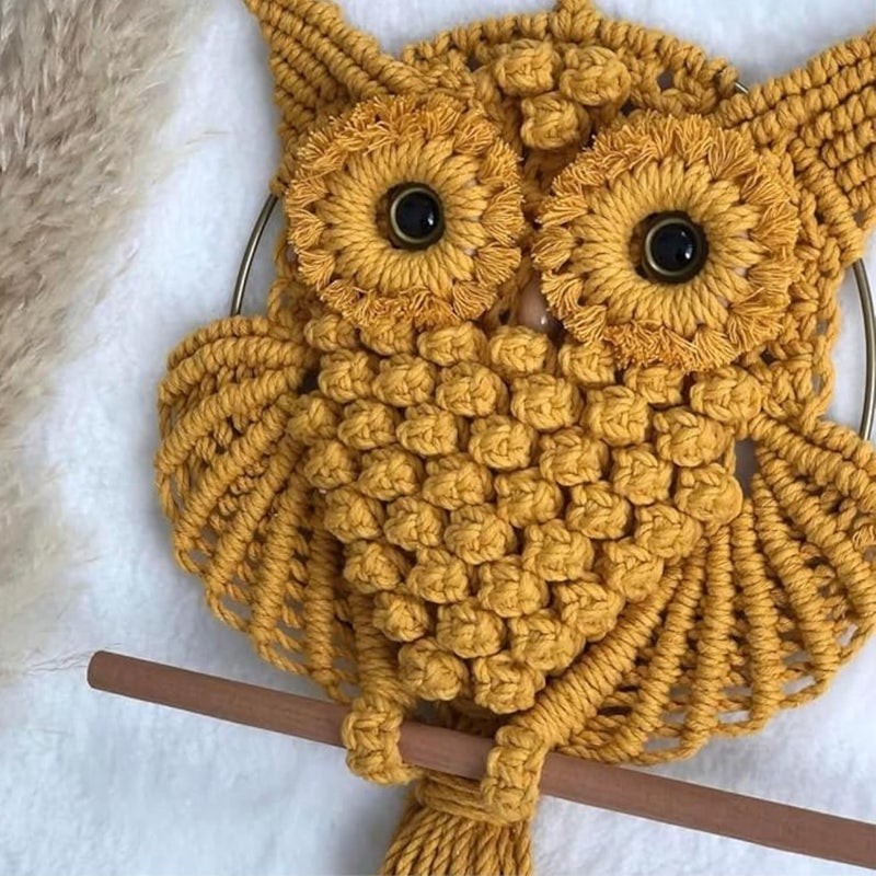 TMS Bohemian Owl Macramé Wall Hanging - 12 x 23 Inch - Handcrafted Boho Home Décor with Natural Elements - Boho Chic Accent for Home, Office, or Living Room (Mustard) - Image 2