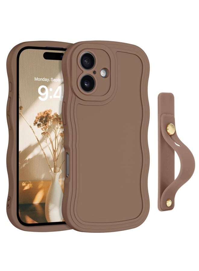 Guagua for iPhone 16 Case with Wrist Strap, iPhone 16 Wavy Phone Case, Cute Curly Wave Shape Design with Adjustable Wristband Kickstand Shockproof Anti Slip Phone Case for iPhone 16 6.1'', Brown - Image 1