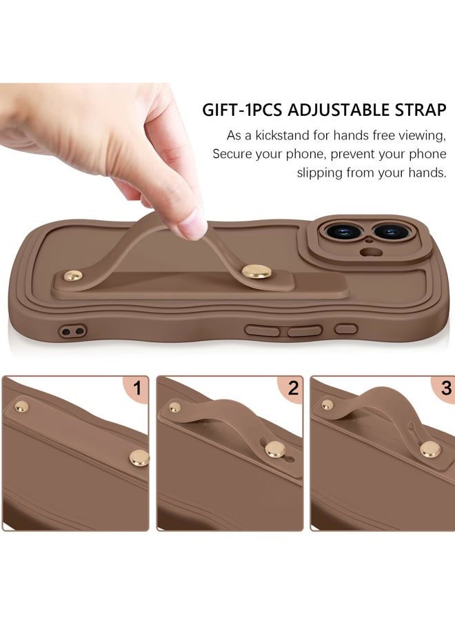 Guagua for iPhone 16 Case with Wrist Strap, iPhone 16 Wavy Phone Case, Cute Curly Wave Shape Design with Adjustable Wristband Kickstand Shockproof Anti Slip Phone Case for iPhone 16 6.1'', Brown - Image 2