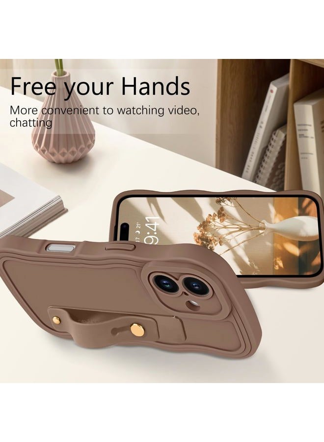 Guagua for iPhone 16 Case with Wrist Strap, iPhone 16 Wavy Phone Case, Cute Curly Wave Shape Design with Adjustable Wristband Kickstand Shockproof Anti Slip Phone Case for iPhone 16 6.1'', Brown - Image 3