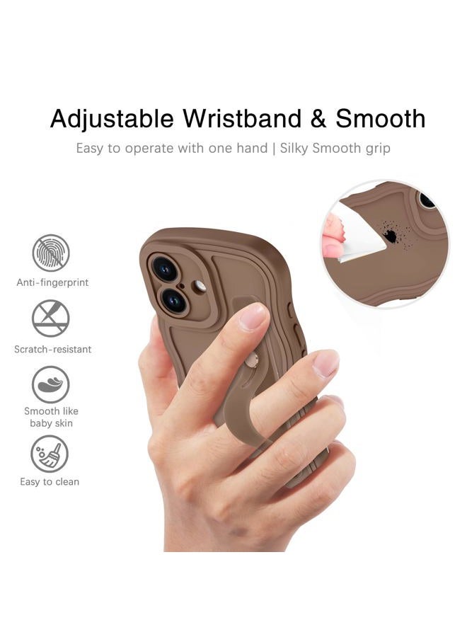 Guagua for iPhone 16 Case with Wrist Strap, iPhone 16 Wavy Phone Case, Cute Curly Wave Shape Design with Adjustable Wristband Kickstand Shockproof Anti Slip Phone Case for iPhone 16 6.1'', Brown - Image 4
