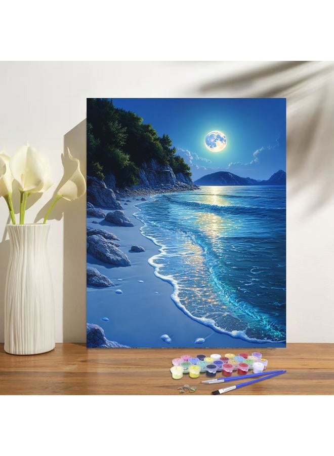 obterie Beach Moonlight Paint by Numbers Kit for Adults Beginner Ocean Oil Painting Kit Adult Paint by Number Kits on Canvas Moon DIY Painting for Beginners Art by Numbers for Gifts Home Wall Decor 16x20 Inch - Image 2