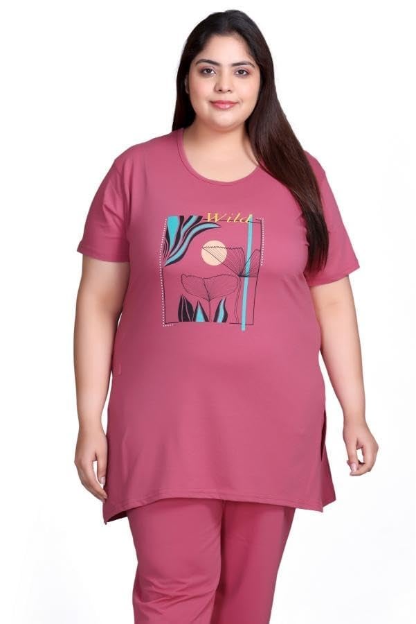 In Love Women's Cotton Plus Size Half Sleeves Semi Long Printed Tshirt for Summers with One Side Pocket for Ladies - Image 1