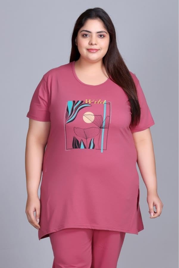 In Love Women's Cotton Plus Size Half Sleeves Semi Long Printed Tshirt for Summers with One Side Pocket for Ladies - Image 3