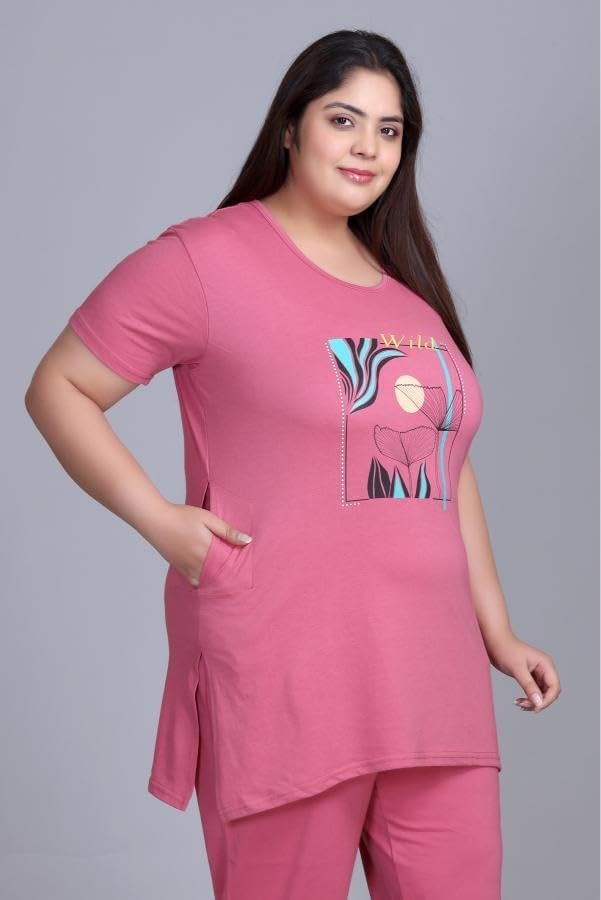 In Love Women's Cotton Plus Size Half Sleeves Semi Long Printed Tshirt for Summers with One Side Pocket for Ladies - Image 4