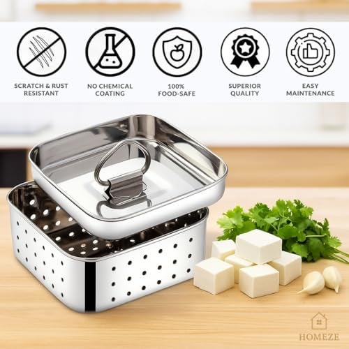 Homeze Paneer Maker Stainless Steel – Paneer Press Mould with Lid, 550ml Paneer Strainer Box, Tofu Press Machine for Fresh Homemade Tofu or Paneer (13 x 13 x 5 Cm) - Image 5