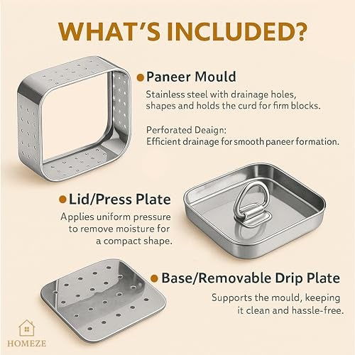 Homeze Paneer Maker Stainless Steel – Paneer Press Mould with Lid, 550ml Paneer Strainer Box, Tofu Press Machine for Fresh Homemade Tofu or Paneer (13 x 13 x 5 Cm) - Image 4