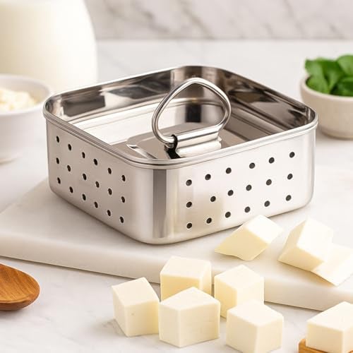 Homeze Paneer Maker Stainless Steel – Paneer Press Mould with Lid, 550ml Paneer Strainer Box, Tofu Press Machine for Fresh Homemade Tofu or Paneer (13 x 13 x 5 Cm) - Image 1