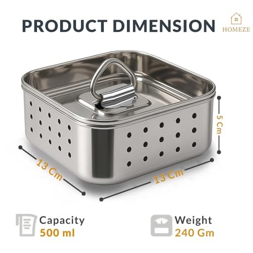 Homeze Paneer Maker Stainless Steel – Paneer Press Mould with Lid, 550ml Paneer Strainer Box, Tofu Press Machine for Fresh Homemade Tofu or Paneer (13 x 13 x 5 Cm) - Image 2