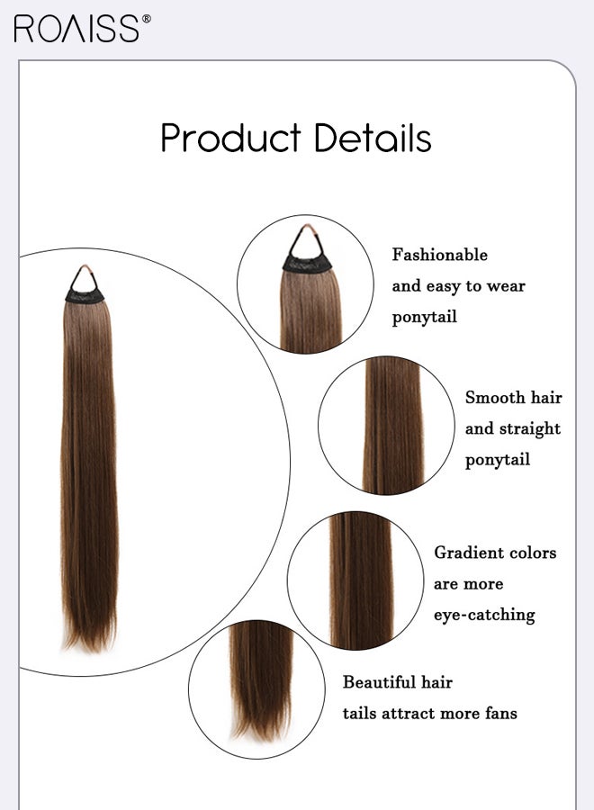 رويس وصلات شعر ذيل حصان طويلة ملفوفة، ذيل حصان صناعي مستقيم، وصلات شعر مطاطية مرنة، 28 بوصة، ذيل حصان صناعي مستقيم طبيعي ناعم للنساء، تسريحات شعر الحفلات، للاستخدام اليومي - Image 5