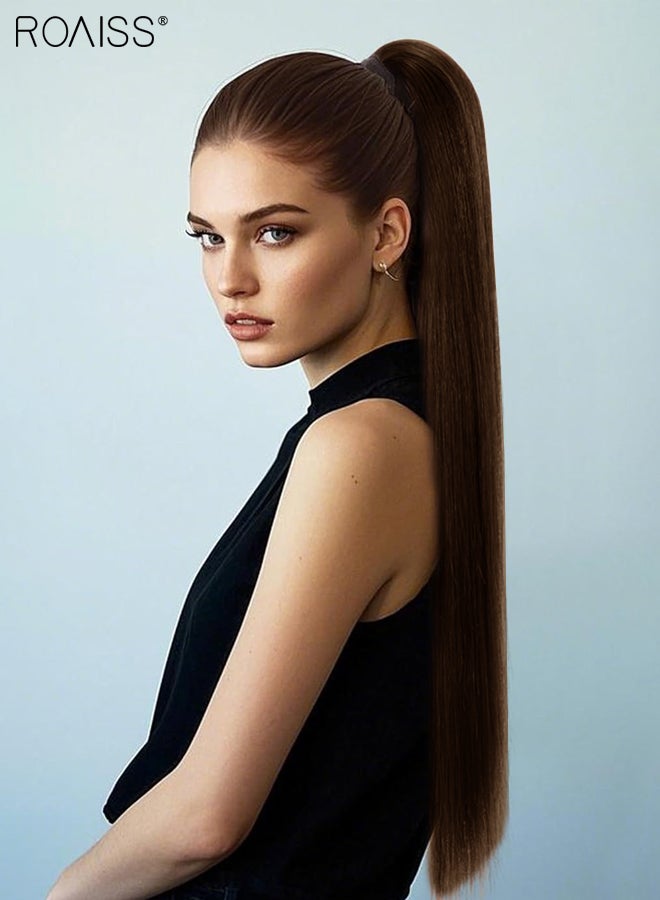 رويس وصلات شعر ذيل حصان طويلة ملفوفة، ذيل حصان صناعي مستقيم، وصلات شعر مطاطية مرنة، 28 بوصة، ذيل حصان صناعي مستقيم طبيعي ناعم للنساء، تسريحات شعر الحفلات، للاستخدام اليومي - Image 4