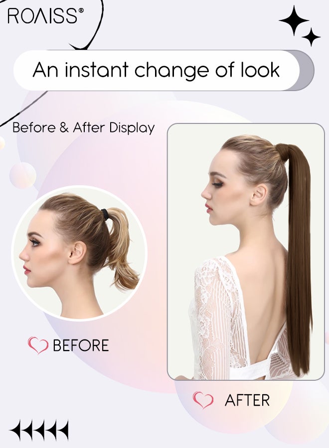 رويس وصلات شعر ذيل حصان طويلة ملفوفة، ذيل حصان صناعي مستقيم، وصلات شعر مطاطية مرنة، 28 بوصة، ذيل حصان صناعي مستقيم طبيعي ناعم للنساء، تسريحات شعر الحفلات، للاستخدام اليومي - Image 3