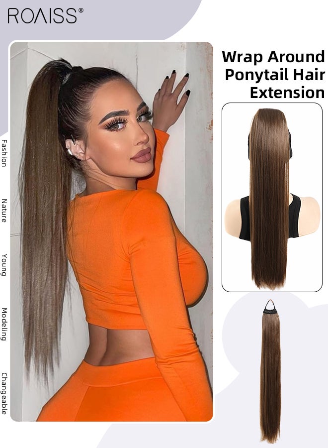 رويس وصلات شعر ذيل حصان طويلة ملفوفة، ذيل حصان صناعي مستقيم، وصلات شعر مطاطية مرنة، 28 بوصة، ذيل حصان صناعي مستقيم طبيعي ناعم للنساء، تسريحات شعر الحفلات، للاستخدام اليومي - Image 1