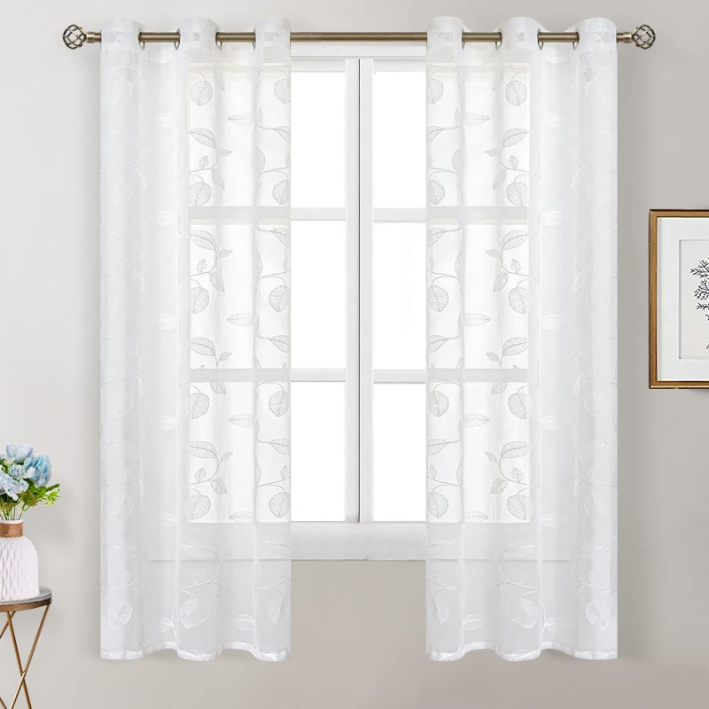 BGment الستائر الشفافة البريئة 63 بوصة طول الكتان المطرز نمط ورقة مطرزة شبه فويف فويس الستائر ضوء ترشيح جروميت معالجة نافذة لغرفة النوم 2 لوحات 42 × 63 بوصة بيضاء - Image 5