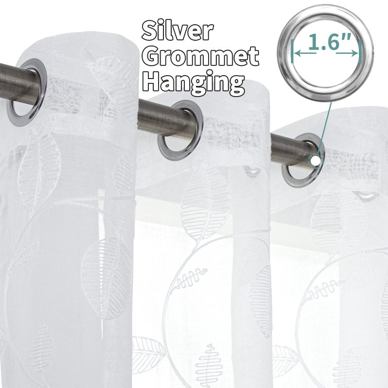 BGment الستائر الشفافة البريئة 63 بوصة طول الكتان المطرز نمط ورقة مطرزة شبه فويف فويس الستائر ضوء ترشيح جروميت معالجة نافذة لغرفة النوم 2 لوحات 42 × 63 بوصة بيضاء - Image 3