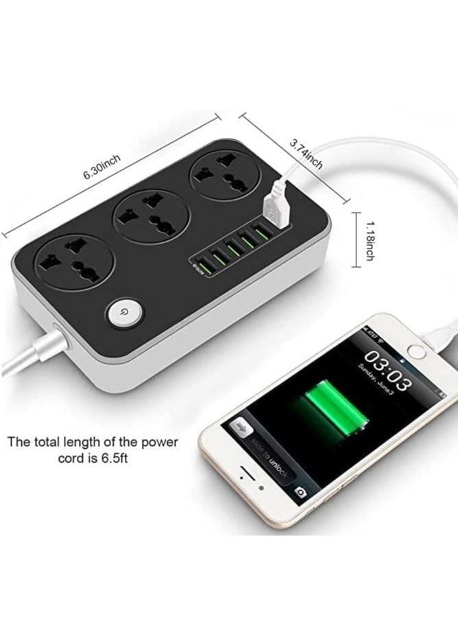 Generic Power Strip with USB Ports Long Cord Universal Socket 3 Outlets Surge Protector 6 Quick USB (4A) Charging Station 3M Power Cord 2500W Circuit Breaker Child Safe Door (Black & Grey)  - Image 5