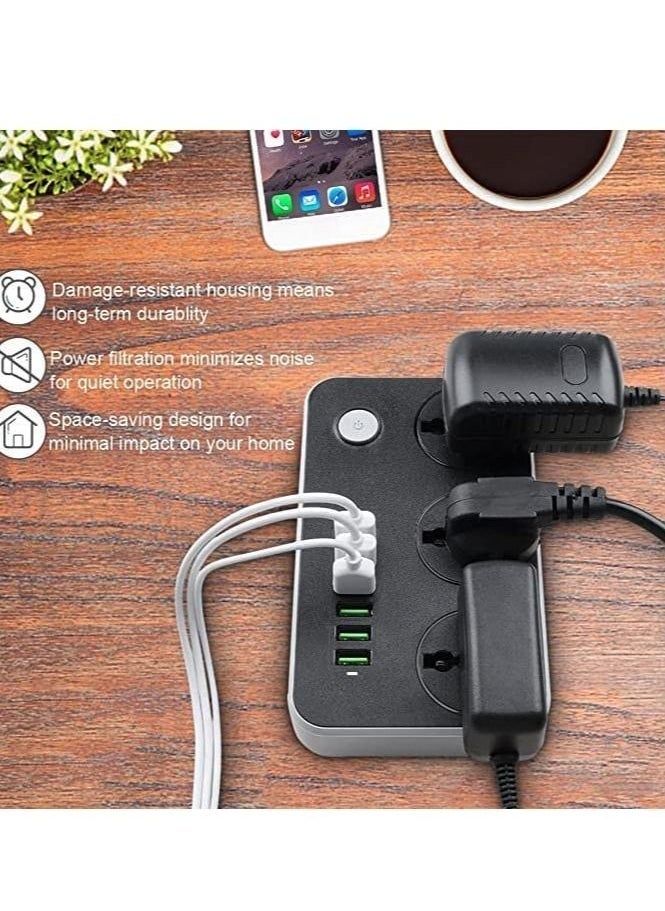 Generic Power Strip with USB Ports Long Cord Universal Socket 3 Outlets Surge Protector 6 Quick USB (4A) Charging Station 3M Power Cord 2500W Circuit Breaker Child Safe Door (Black & Grey)  - Image 3