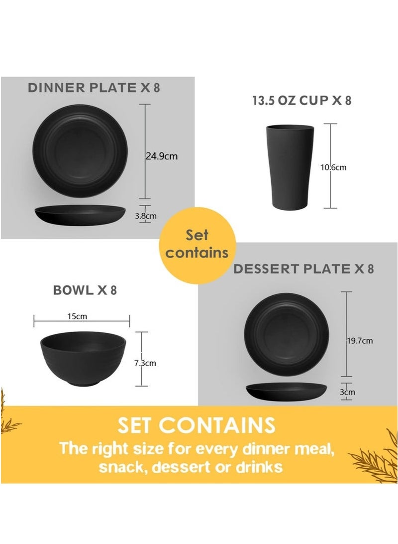 MYONE 32 Piece Kitchen Plastic Wheat Straw Dinnerware Set, Service for 8, Dinner Plates, Dessert Plate, Cereal Bowls, Cups, Unbreakable Colorful Plastic Outdoor Camping Dishes, Black - Image 4