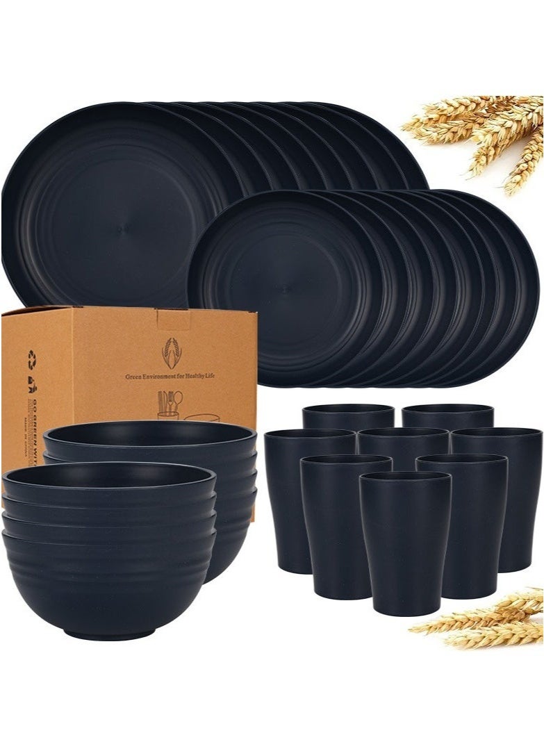 MYONE 32 Piece Kitchen Plastic Wheat Straw Dinnerware Set, Service for 8, Dinner Plates, Dessert Plate, Cereal Bowls, Cups, Unbreakable Colorful Plastic Outdoor Camping Dishes, Black - Image 1