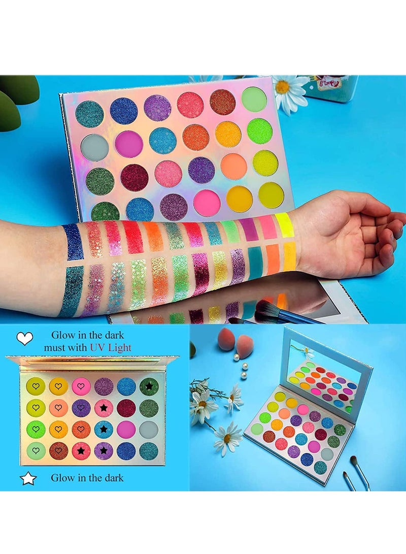 Glow in the Dark Makeup, Face Body Paint Neon, Matte, and Glitter, 24 Colors Highly mented Eyeshadow Kit with 4 Brushes for New Year Non-Toxic & Smudgeproof - Image 2