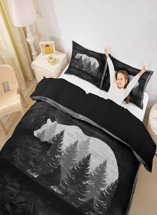 Castle Fairy Lodge Cabin Duvet Cover Gray Bear Pine Tree Silhouette Pattern Comforter Cover with 2 Pillowcases(No Comforter) Wild Animal Western Jungle Style Bedding Set for Teens Adults King Size 3 Pieces - Image 4