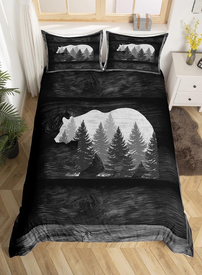 Castle Fairy Lodge Cabin Duvet Cover Gray Bear Pine Tree Silhouette Pattern Comforter Cover with 2 Pillowcases(No Comforter) Wild Animal Western Jungle Style Bedding Set for Teens Adults King Size 3 Pieces - Image 1