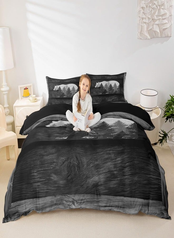 Castle Fairy Lodge Cabin Duvet Cover Gray Bear Pine Tree Silhouette Pattern Comforter Cover with 2 Pillowcases(No Comforter) Wild Animal Western Jungle Style Bedding Set for Teens Adults King Size 3 Pieces - Image 3