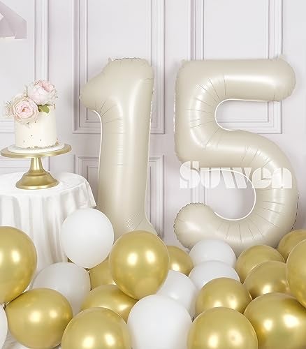 SUWEN بالونات رقم 15 كبيرة من سوين 40 بوصة كريمة بيضاء بالونات فويل هيليوم رقمية 09 عملاقة لعيد الميلاد الخامس عشر زينة حفلات للأولاد أو البنات 51 لوازم حفلات الذكرى السنوية - Image 5