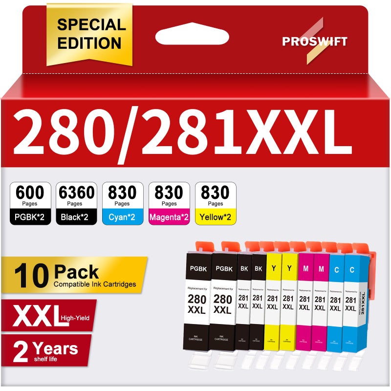 PROSWIFT 10 Pack 280 281 XXL Ink Cartridges Replacement for Canon PGI-280 281 Cartridge for Pixma TR8620a TR8620 TR8520 TR8600 TR7520 TS702a TS9520 TS9521C TS6120 TS6220 TS9120 TS6320 TS8220 (10 Pack) - Image 1
