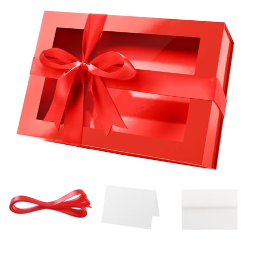 PACKQUEEN Large Red Gift Box with Window 135x9x41 Inches Clear Mothers Day Gift Box for Present Contains Ribbon Card Bridesmaid Proposal Box with Magnetic Lid Glossy Red