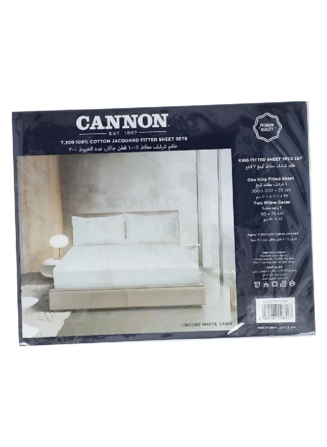 Cannon 3-Piece Premium Quality T300 Cotton Jacquard Fitted Sheet Set White Sand King 6 x 30 x 25 cm CN K3PCFTDT300-WSND