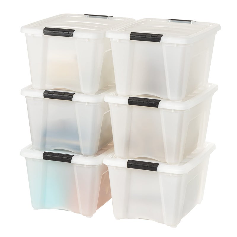 IRIS USA 32 Qt Stackable Plastic Storage Bins with Lids 6 Pack  BPAFree Made in USA  Discreet Organizing Solution Latches Durable Nestable Containers Secure Pull Handle  Pearl