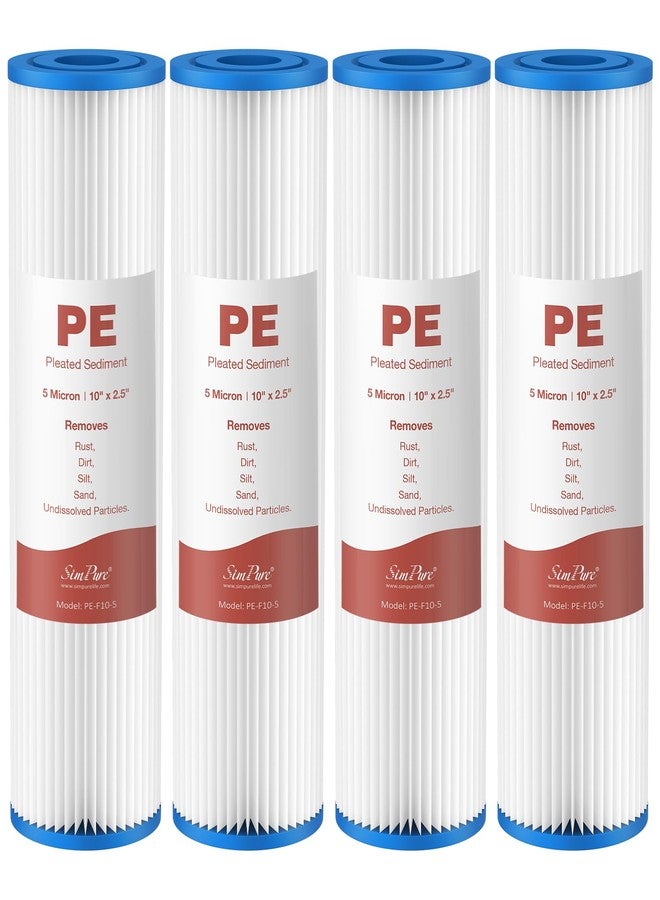 SimPure 10"x2.5" Pleated Polyester Sediment Water Filter Replacement Cartridge 5 Micron Whole House Pre-Filter Compatible with W50PE, WFPFC3002, SPC-25-1050, FM-50-975 - 4 Pack - Image 1
