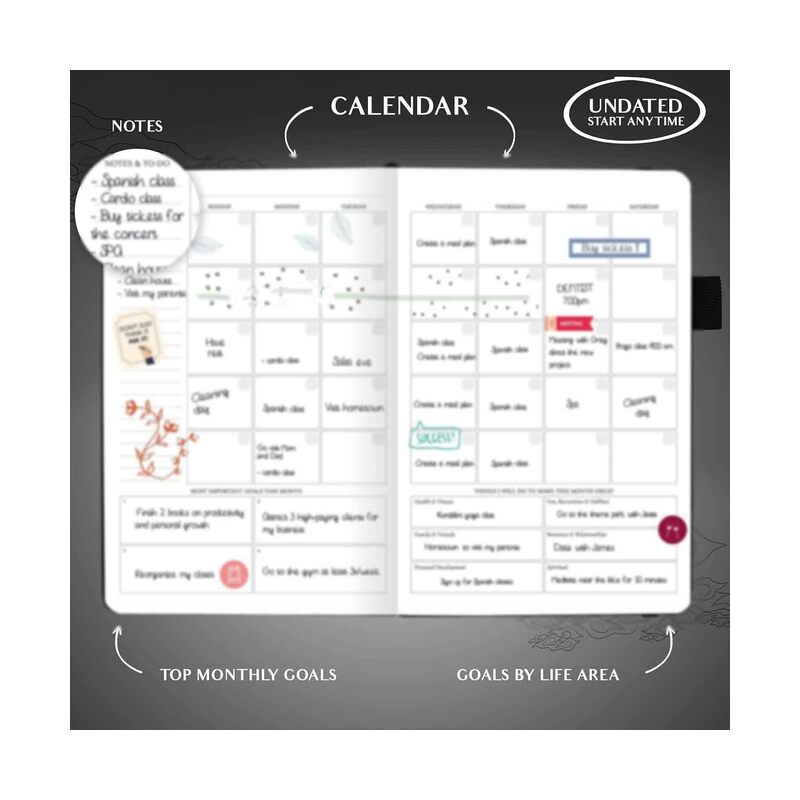 مخطط حياة أسبوعي وشهري فاخر لتحقيق أهدافك وعيش حياة أسعد. دفتر منظم ومفكرة إنتاجية. غلاف مقوى A5، أسود - Image 3